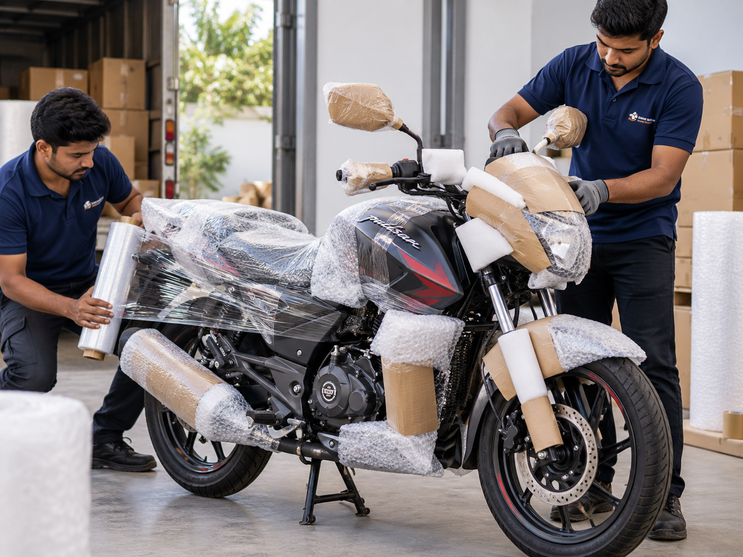 Protective packaging for a motorcycle before transport